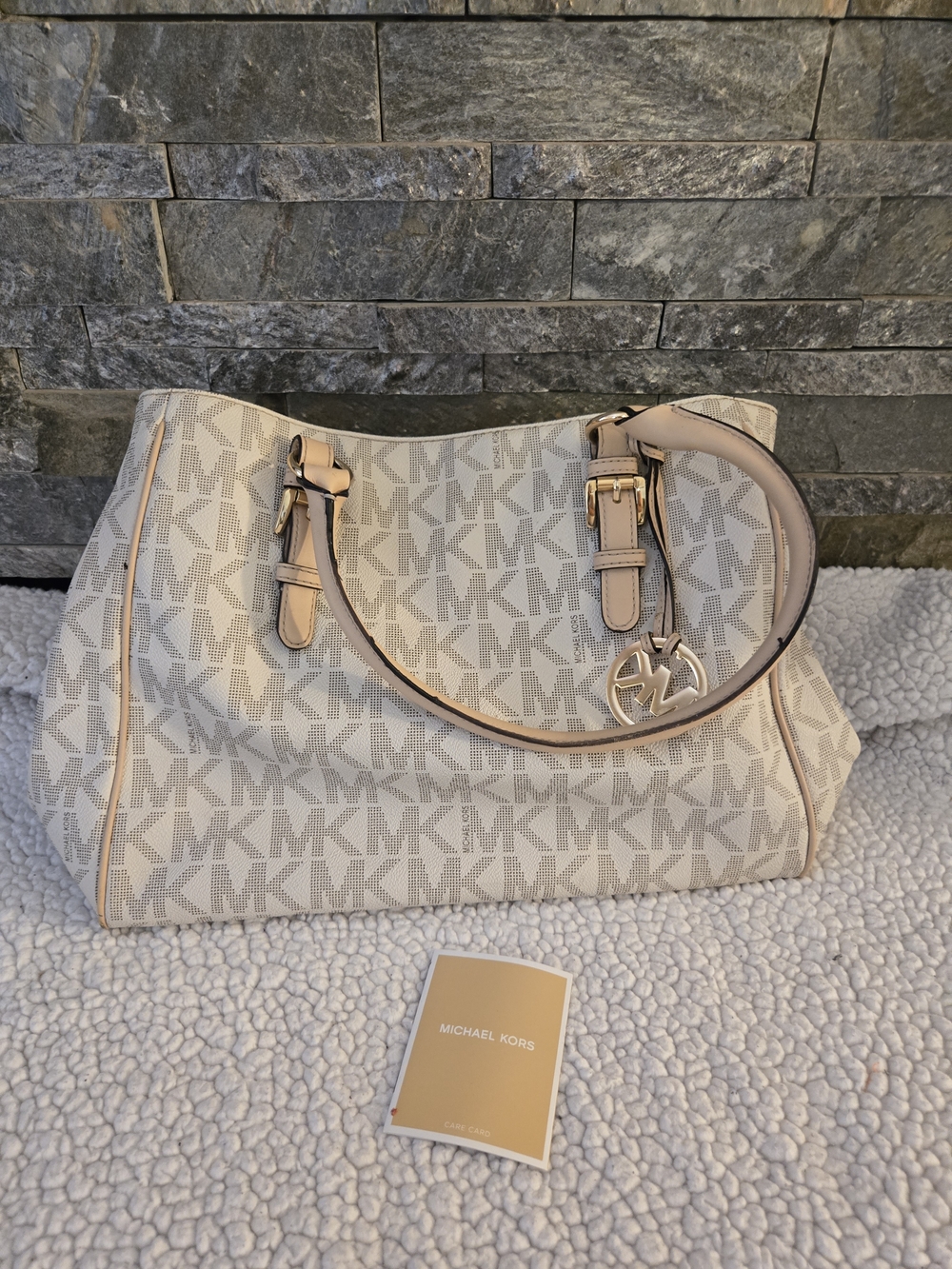 Michael Kors Beige Cream MK Signature Tote with Gold Charm - Used